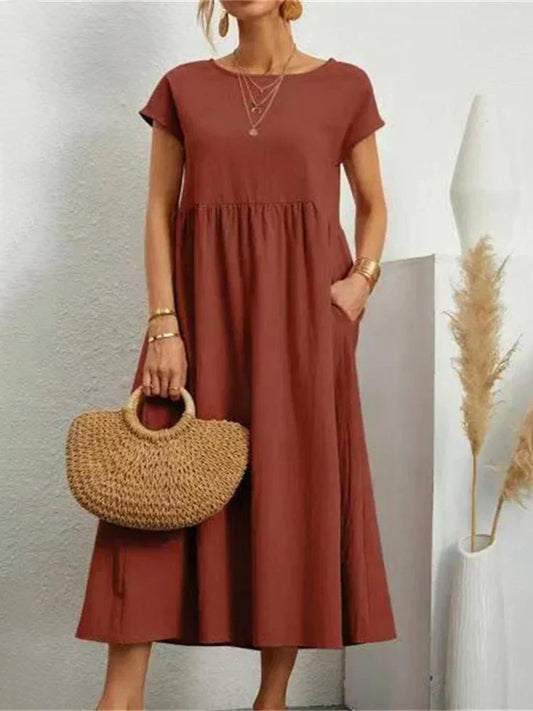 Éloris - Elegantes, Bequemes und Leichtes Kleid für den Frühling und Sommer, mit 3/4-Ärmeln und Rundhalsausschnitt, in Uni-Farbe