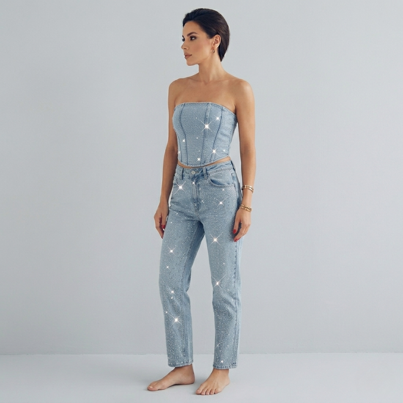 Glitzerndes Denim Zweiteiler Set mit Strass-Corsage & Jeans für Damen – Trendy Party-Look & Figurbetont
