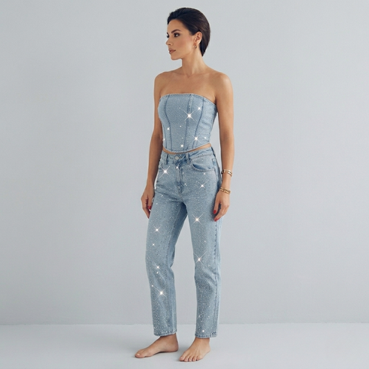 Glitzerndes Denim Zweiteiler Set mit Strass-Corsage & Jeans für Damen – Trendy Party-Look & Figurbetont