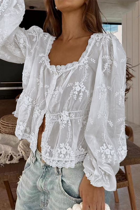 Joséphine - Bluse Frühling Bohème Romantisch aus Spitze mit langen Ärmeln und floralen Details für Frauen