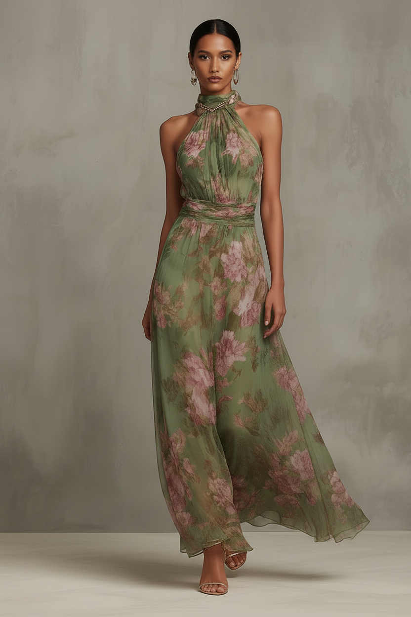 Florales Maxikleid für Damen – Elegantes Halterneck Kleid mit Taillengürtel