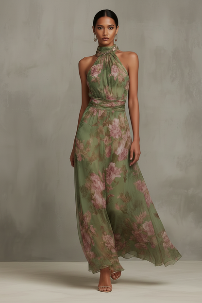 Florales Maxikleid für Damen – Elegantes Halterneck Kleid mit Taillengürtel