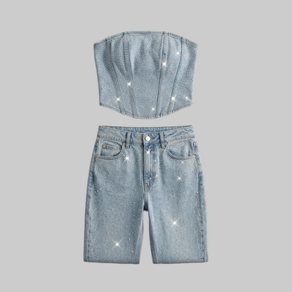 Glitzerndes Denim Zweiteiler Set mit Strass-Corsage & Jeans für Damen – Trendy Party-Look & Figurbetont