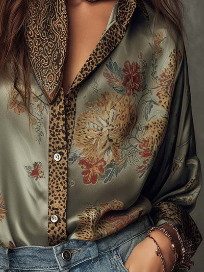 Elegante Satinbluse mit Floral-Print für Damen – Lockeres Langarmhemd im Boho-Look