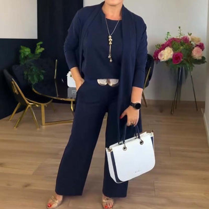 Mirevel - Drei-Teiliges Set für Frauen, Bequem und Elegant, bestehend aus einem Top, einem Blazer und einer Hose in Uni-Farbe