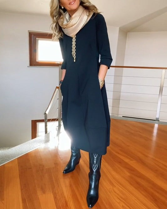 Claire - Elegantes und Bequemes Midi-Kleid mit Bootsausschnitt, 3/4-Ärmeln und Taschen