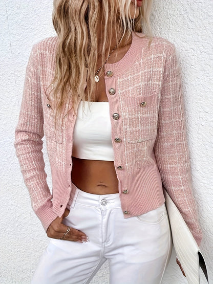 Elegante Strickjacke mit Tweed-Muster & Goldknöpfen für Damen – Klassischer Chic Cardigan