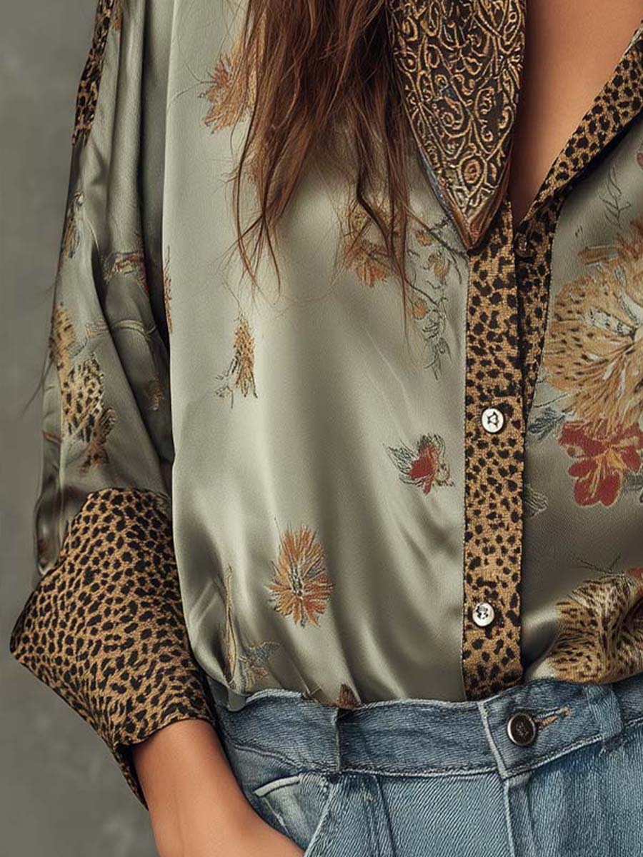 Elegante Satinbluse mit Floral-Print für Damen – Lockeres Langarmhemd im Boho-Look