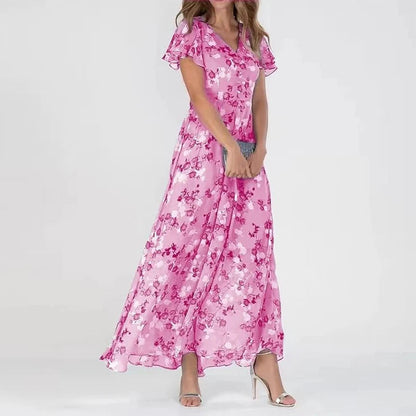 Fließendes Blumen-Maxikleid für Frauen mit V-Ausschnitt und femininem Schnitt