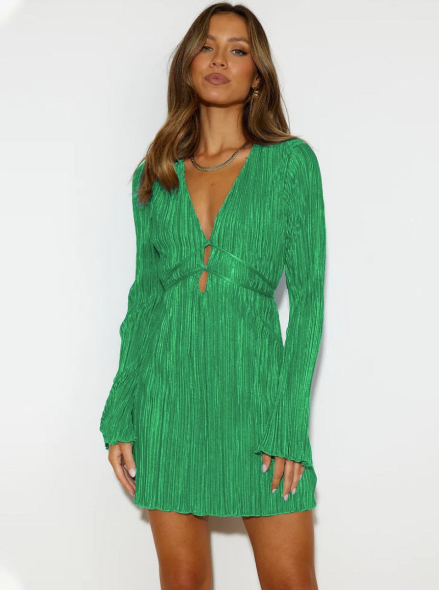Plissiertes Damen Minikleid mit V-Ausschnitt – Elegantes Partykleid mit langen Ärmeln