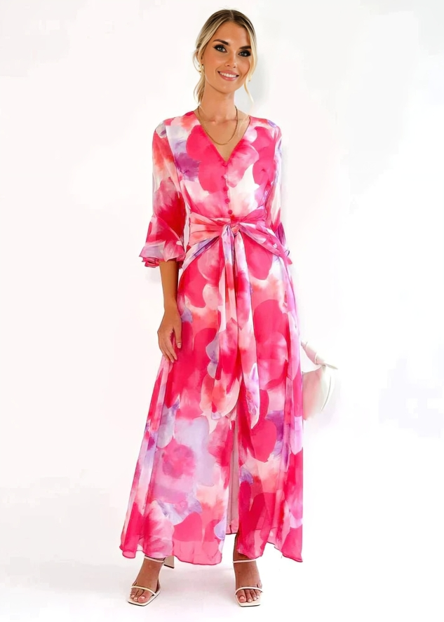Fließendes Maxikleid mit floralem Print & Taillengürtel für Damen – Elegantes Sommerkleid mit V-Ausschnitt