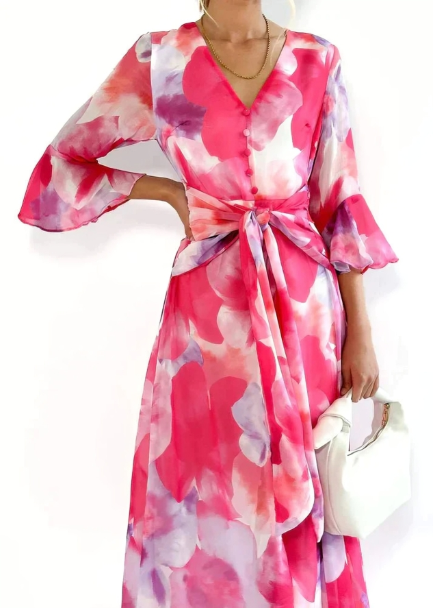 Fließendes Maxikleid mit floralem Print & Taillengürtel für Damen – Elegantes Sommerkleid mit V-Ausschnitt