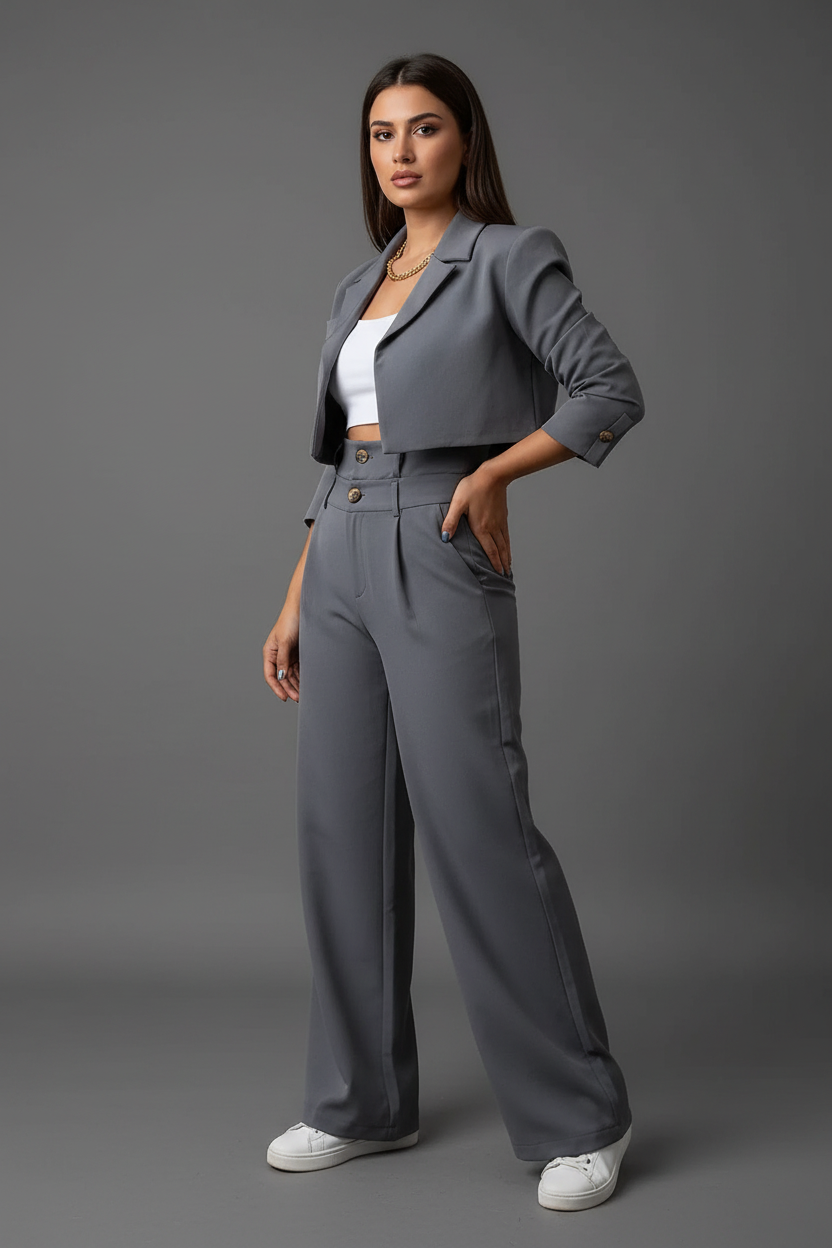 Elegantes 2-Teiliges Hosenanzug Set für Damen – Cropped Blazer & High-Waist Hose