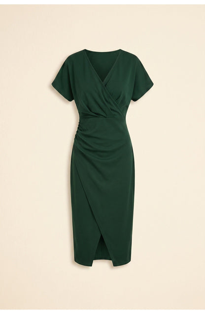 Elegantes Wickelkleid mit V-Ausschnitt für Damen – Figurbetontes Midikleid mit Taillenraffung & Schlitz