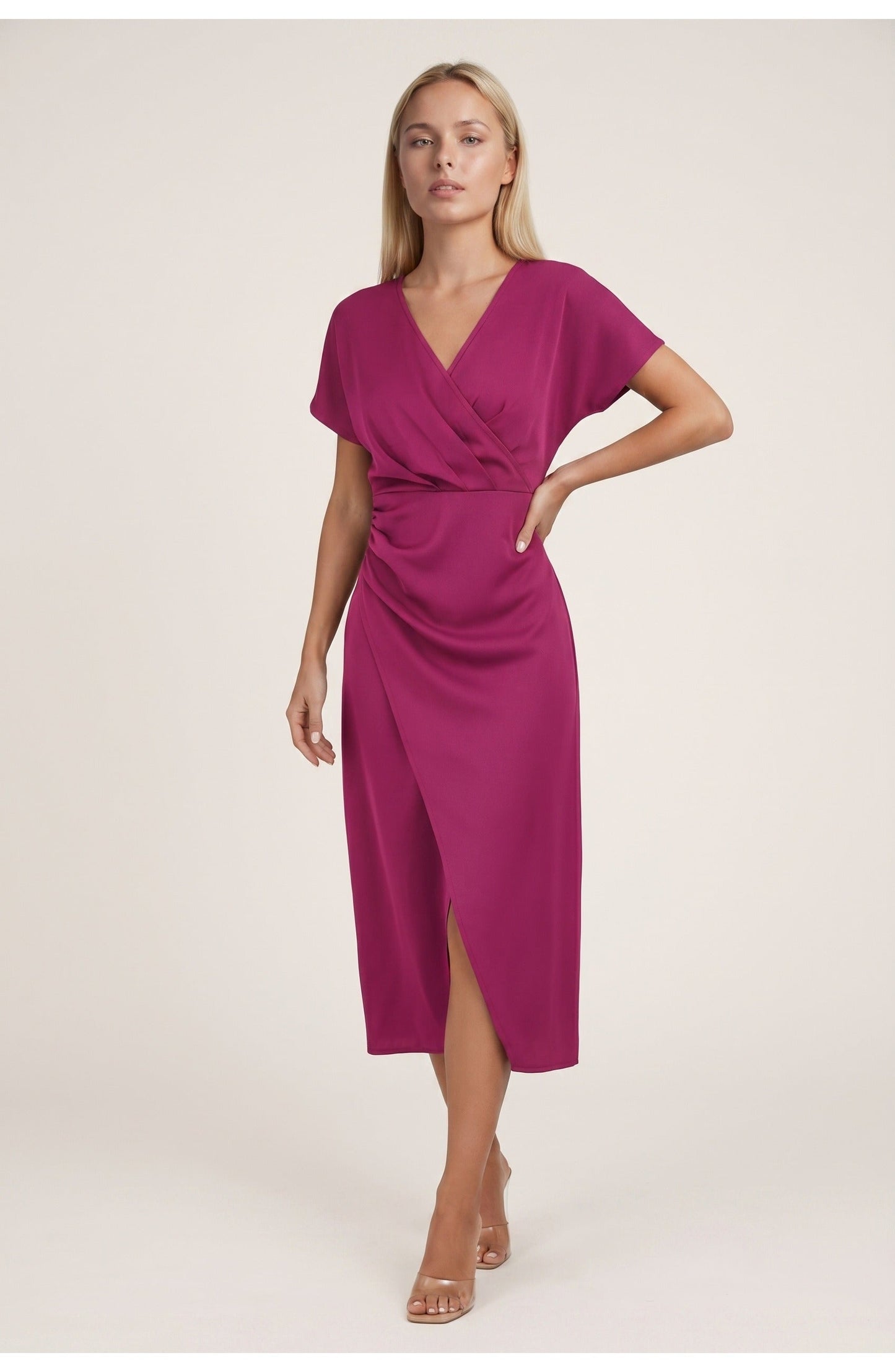 Elegantes Wickelkleid mit V-Ausschnitt für Damen – Figurbetontes Midikleid mit Taillenraffung & Schlitz