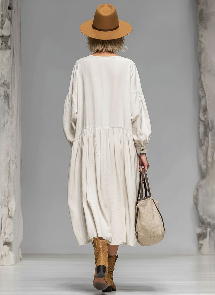 Knopfleisten-Midikleid für Damen – Lockeres Boho Kleid mit Ballonärmeln & Praktischen Taschen