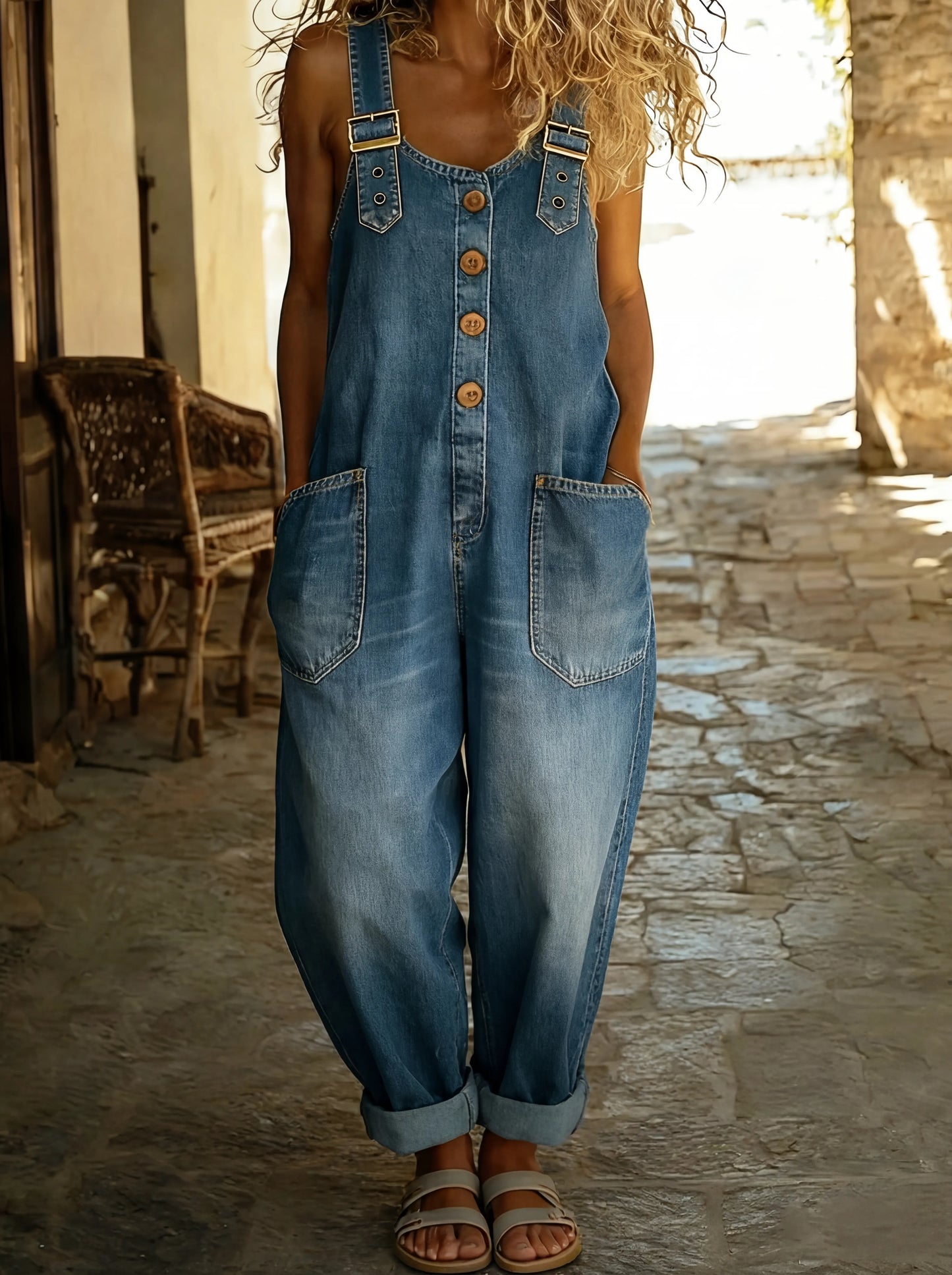 Lässiger Denim Jumpsuit für Damen – Lockerer Overall mit Knopfleiste & Taschen