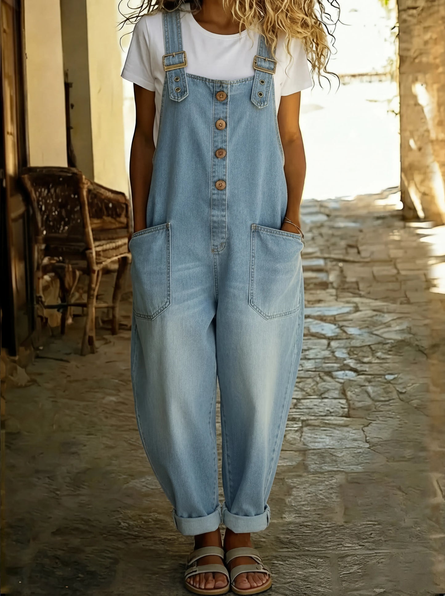 Lässiger Denim Jumpsuit für Damen – Lockerer Overall mit Knopfleiste & Taschen