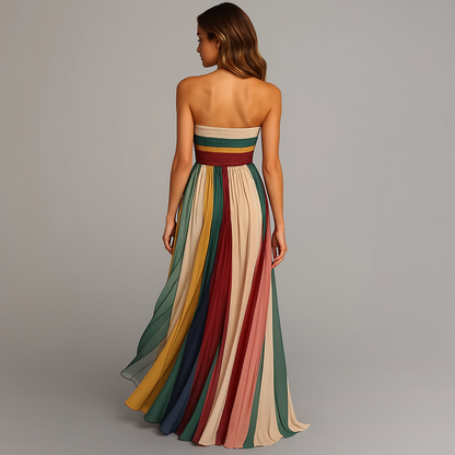 Plissiertes Maxikleid für Damen – Schulterfreies Sommerkleid mit Farbverlauf & Fließender Silhouette