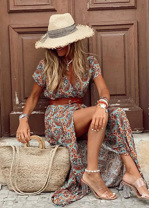Séliviane - Maxikleid Boho-Luftig mit Seitenschlitz und Passendem Gürtel