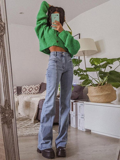 Moréa - Jean Évasé Stretch Taille Haute für Frauen mit Patchwork von Zwei Sternen auf dem Rücken