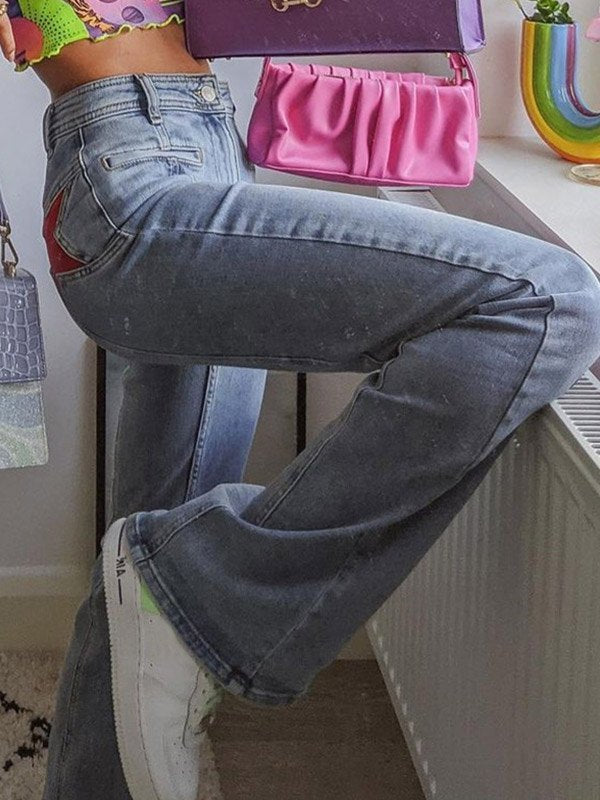 Moréa - Jean Évasé Stretch Taille Haute für Frauen mit Patchwork von Zwei Sternen auf dem Rücken