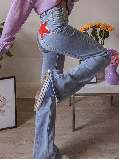 Moréa - Jean Évasé Stretch Taille Haute für Frauen mit Patchwork von Zwei Sternen auf dem Rücken