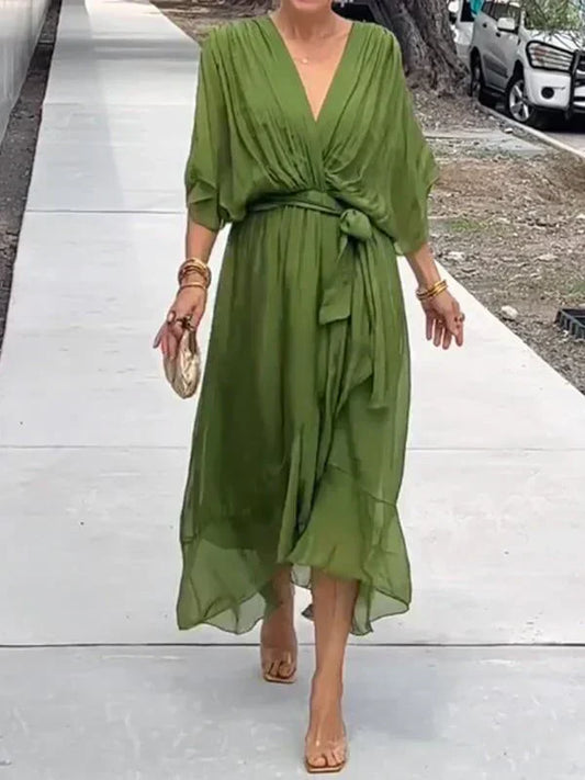Florielle - Elegantes Kleid aus weichem Seidenstoff mit V-Ausschnitt und Gürtel für Frauen