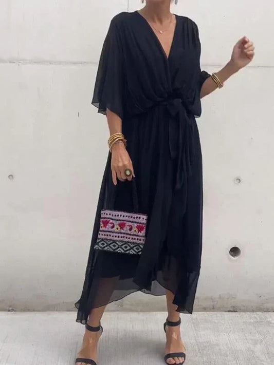 Florielle - Elegantes Kleid aus weichem Seidenstoff mit V-Ausschnitt und Gürtel für Frauen