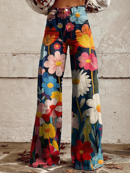 Vintage Blumen Palazzo Hose für Damen – High Waist Weite Sommerhose mit Retro Print