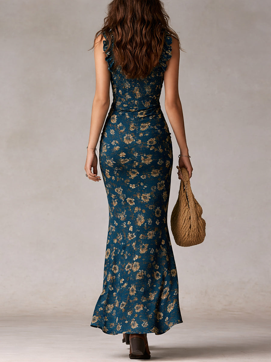 Boho Maxikleid mit Floral-Print für Damen – Elegantes Rüschenkleid mit Beinschlitz