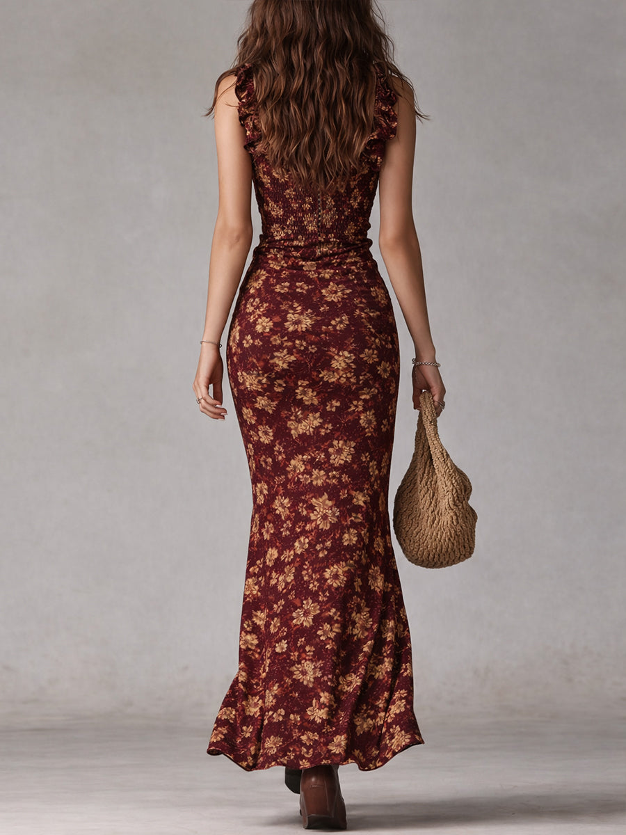 Boho Maxikleid mit Floral-Print für Damen – Elegantes Rüschenkleid mit Beinschlitz