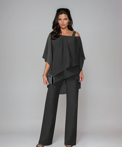 Elegantes 2-Teiler Set mit Chiffon-Top & Wide Leg Hose – Lockeres Outfit für Damen