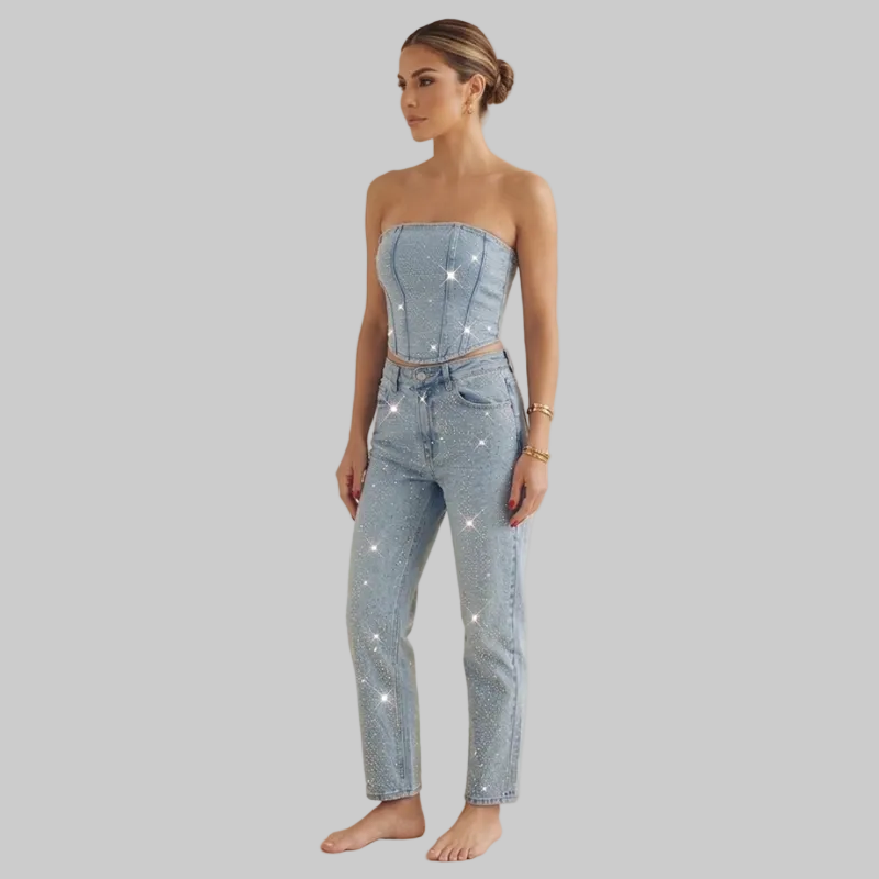 Glitzerndes Denim Zweiteiler Set mit Strass-Corsage & Jeans für Damen – Trendy Party-Look & Figurbetont