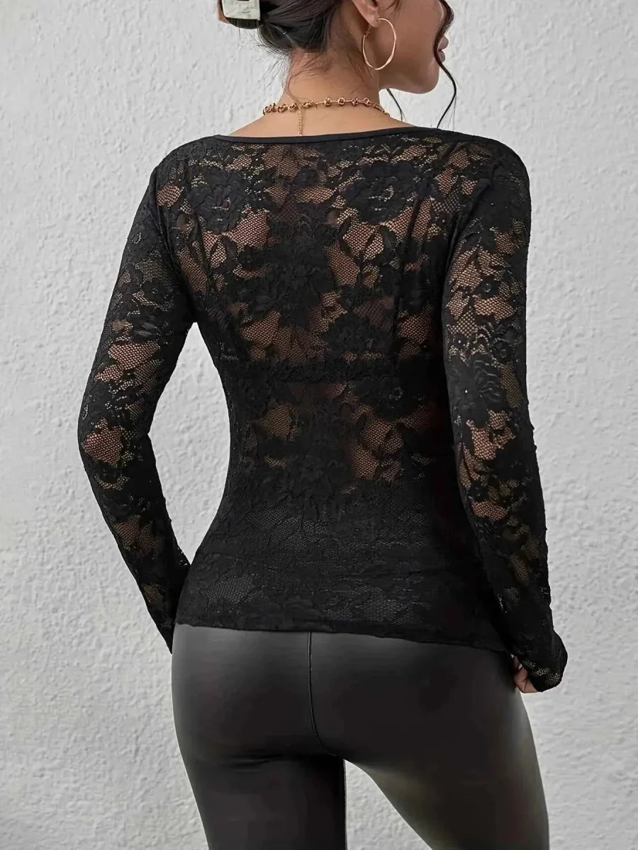Elegantes Spitzen Langarmshirt mit V-Ausschnitt für Damen – Figurbetont & Verführerisch