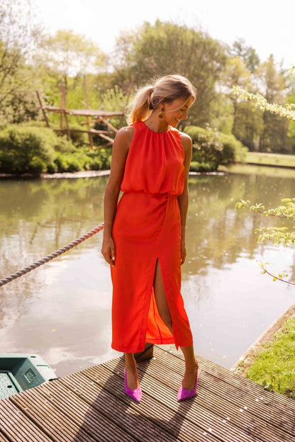 Rosavine - Midi Sommerkleid ohne Ärmel, einfarbig, mit Schlitz