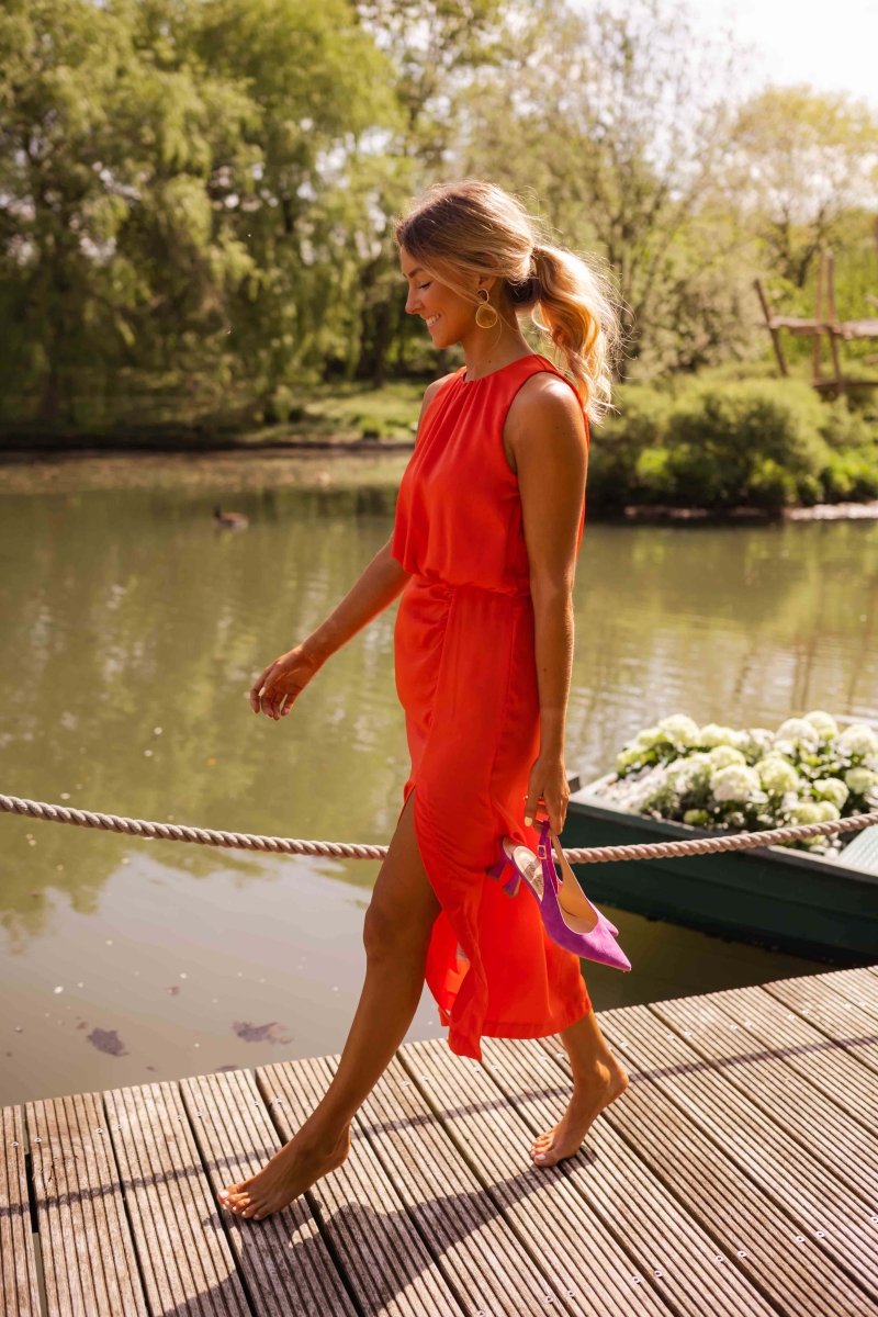 Rosavine - Midi Sommerkleid ohne Ärmel, einfarbig, mit Schlitz