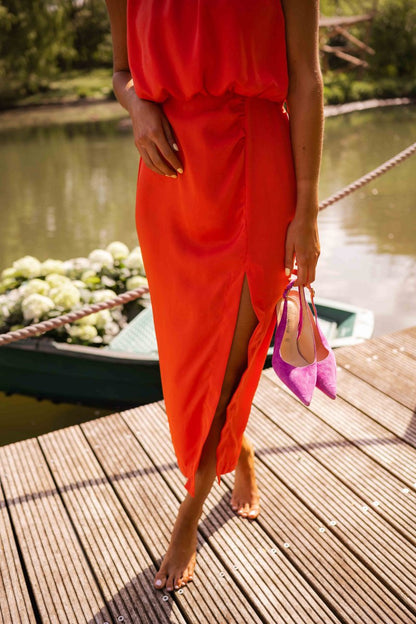 Rosavine - Midi Sommerkleid ohne Ärmel, einfarbig, mit Schlitz