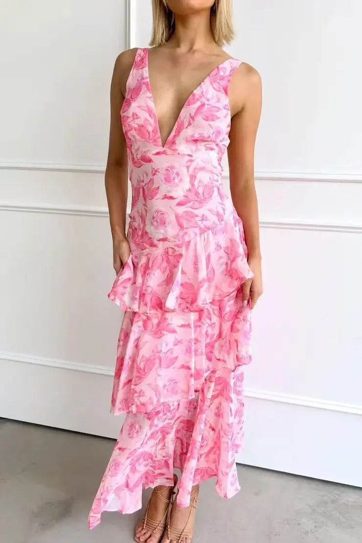 Fließendes Maxi Kleid mit Volants & tiefem V-Ausschnitt für Damen – Elegantes Sommerkleid mit Rücken-Detail
