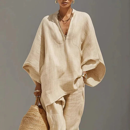 Lässiges Zweiteiler-Set mit Oversize Tunika für Damen – Luftiges Freizeit Outfit im Leinen-Look