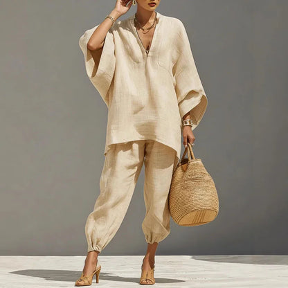 Lässiges Zweiteiler-Set mit Oversize Tunika für Damen – Luftiges Freizeit Outfit im Leinen-Look