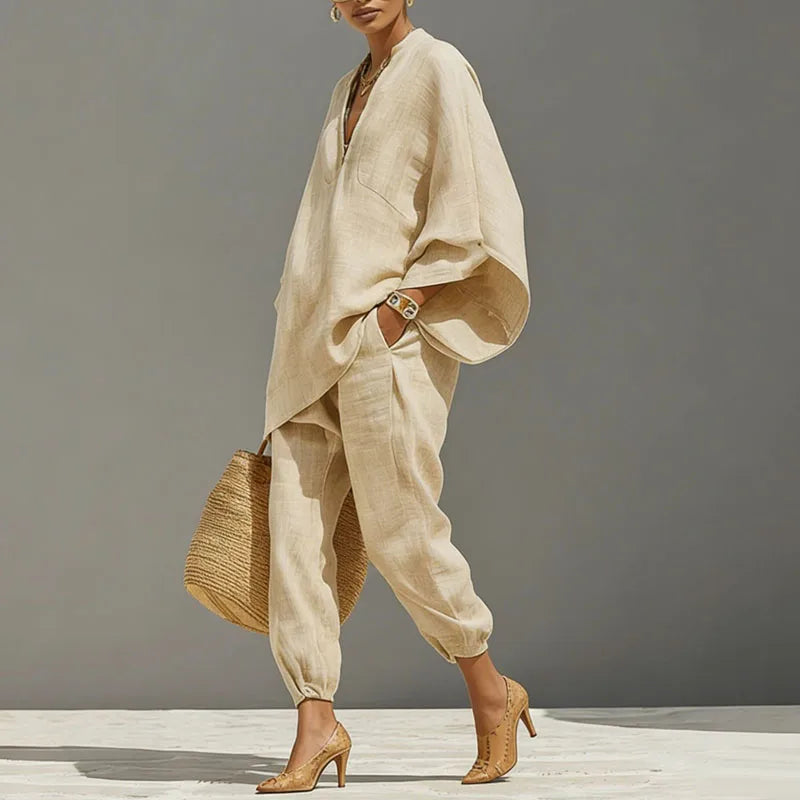 Lässiges Zweiteiler-Set mit Oversize Tunika für Damen – Luftiges Freizeit Outfit im Leinen-Look
