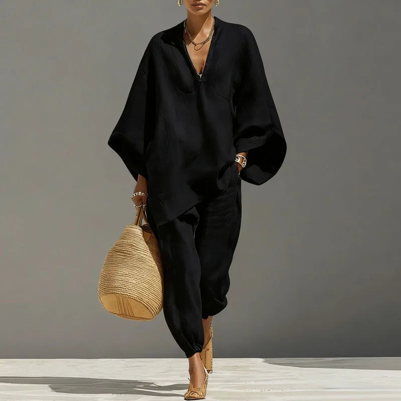 Lässiges Zweiteiler-Set mit Oversize Tunika für Damen – Luftiges Freizeit Outfit im Leinen-Look