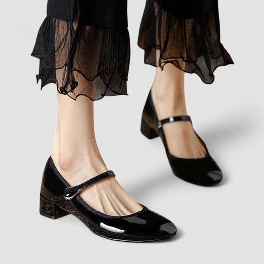 Veloursa - Elegante Orthopädische Mary Jane Schuhe für Damen, Lackiert, mit Kleinem Blockabsatz und Riemen