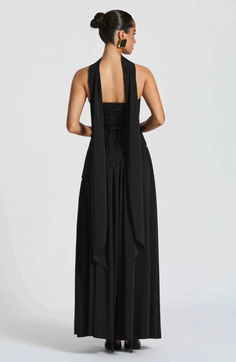 Elegantes Maxikleid für Damen – Schulterfreies Abendkleid mit Schlitz & Choker-Detail