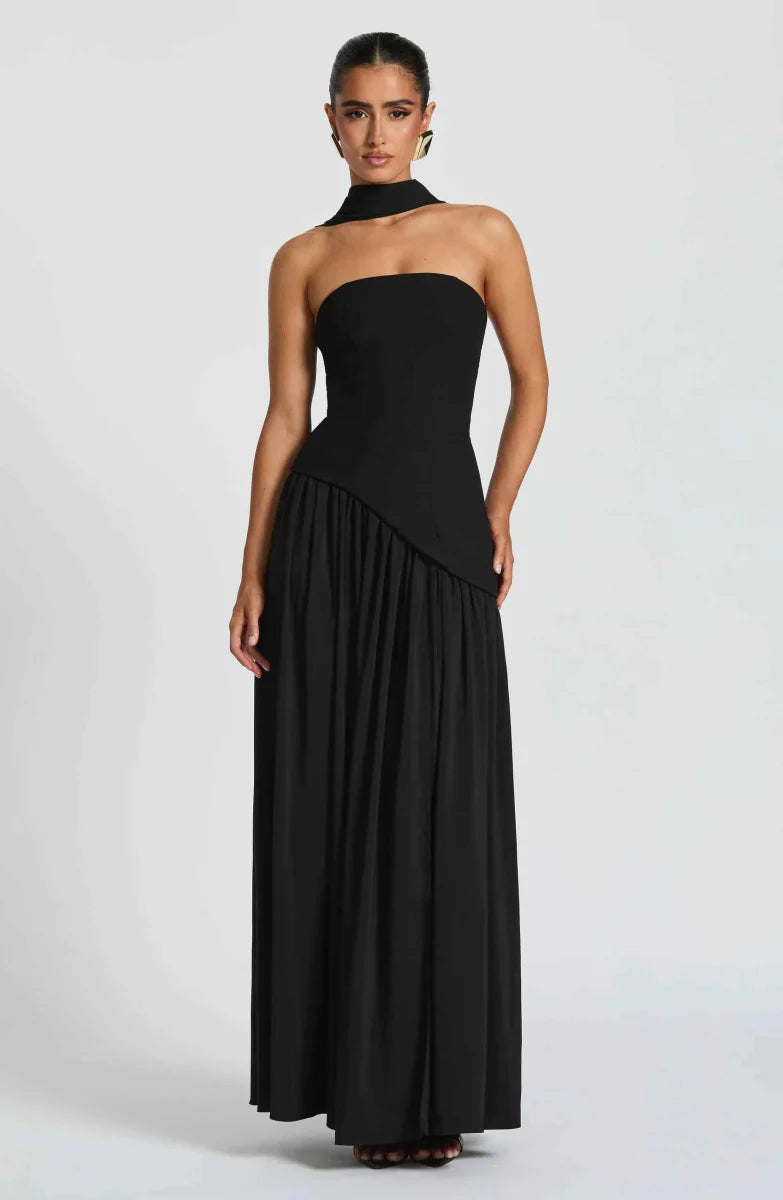 Elegantes Maxikleid für Damen – Schulterfreies Abendkleid mit Schlitz & Choker-Detail