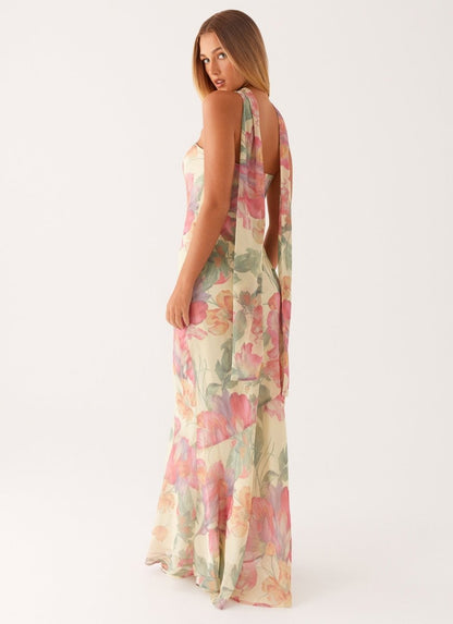 Florales Maxi Kleid für Damen – Elegantes trägerloses Abendkleid mit Chiffon-Schal
