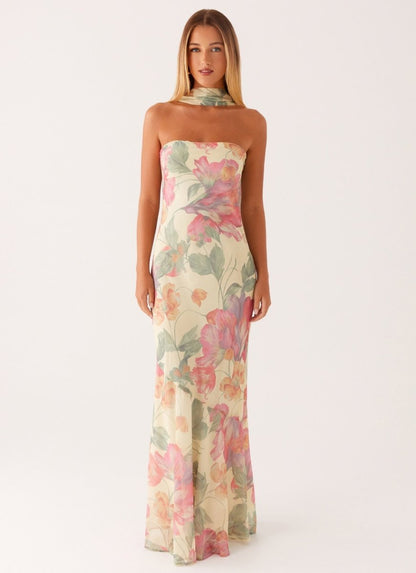 Florales Maxi Kleid für Damen – Elegantes trägerloses Abendkleid mit Chiffon-Schal