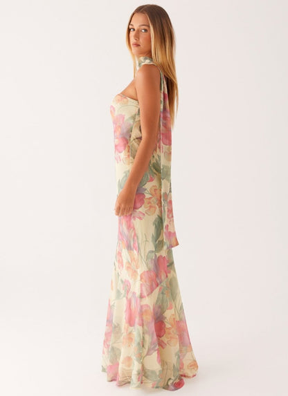 Florales Maxi Kleid für Damen – Elegantes trägerloses Abendkleid mit Chiffon-Schal