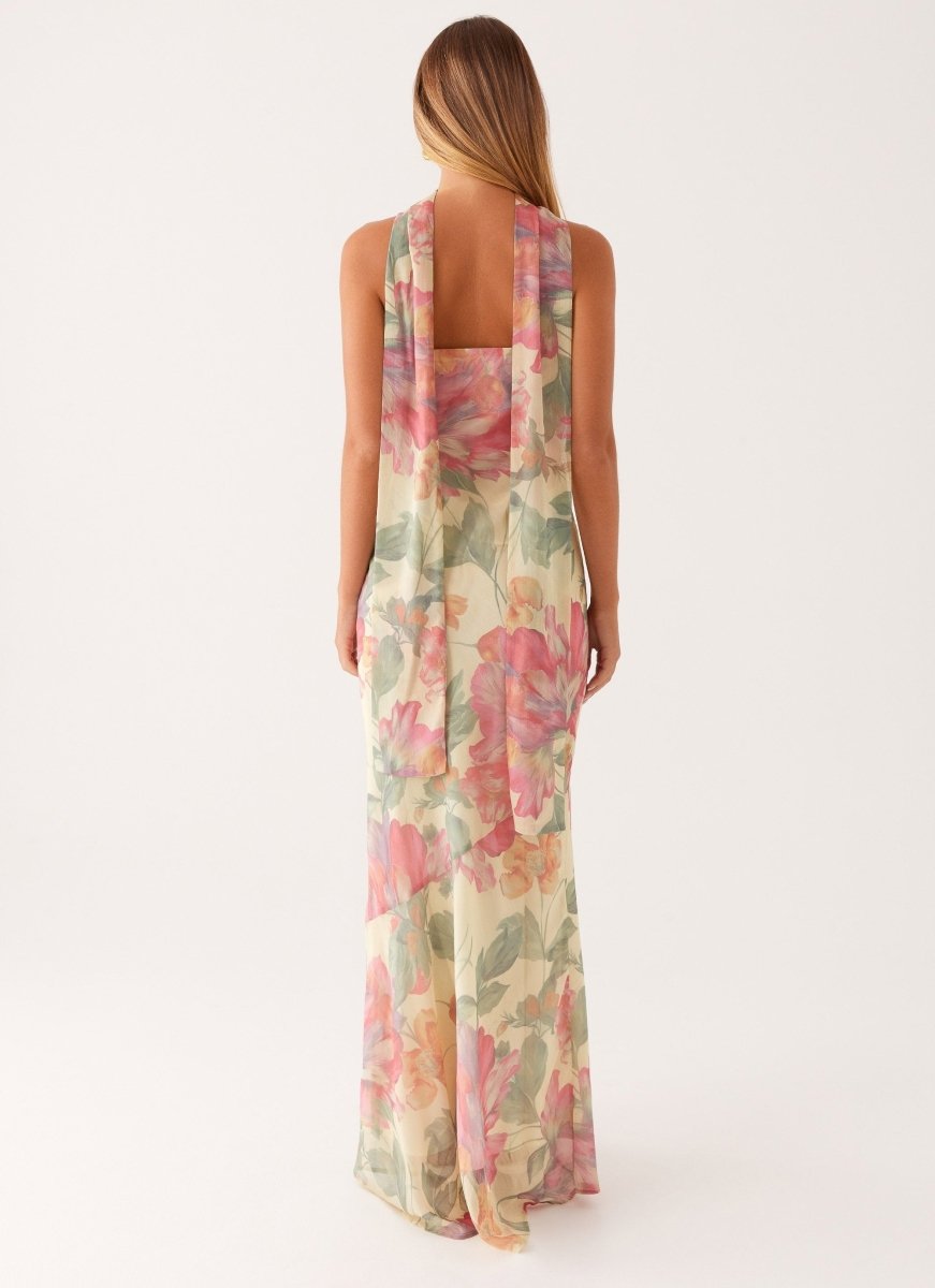 Florales Maxi Kleid für Damen – Elegantes trägerloses Abendkleid mit Chiffon-Schal